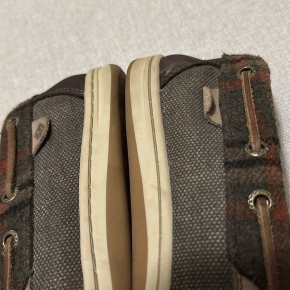 Sperry Top Sider Shoes-Wmns Sz 9-Dark Brown with Plaid Flannel Trim-Leather Ties - Picture 10 of 15